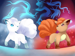 Rule 34 | alolan form, alolan vulpix, blue background, brown fur, commentary request, creatures (company), dual persona, fire, full body, game freak, gen 1 pokemon, gen 7 pokemon, gradient background, highres, ice, multiple tails, ninetales, nintendo, no humans, pokemon, pokemon (creature), red background, side-by-side, silhouette, tail, vulpix, white fur, yomitrooper