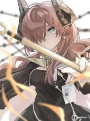 Rule 34 | 1girl, arknights, black dress, blue eyes, blurry, blurry background, commentary, cross, cross necklace, domma (arknights), dress, hair over one eye, highres, holding, holding staff, horns, id card, jewelry, looking at viewer, nacoty, necklace, pointy ears, red hair, solo, staff, upper body