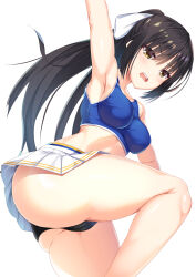Rule 34 | 1girl, angry, aria (koiiroharemoyou), arm up, armpits, arms up, ass, bare legs, black hair, black panties, blue sports bra, blush, bow, breasts, cafe stella to shinigami no chou, cameltoe, cheerleader, commentary request, crop top, curvy, eyelashes, from below, hair bow, hair ribbon, highres, large breasts, leg up, legs, long hair, looking at viewer, midriff, miniskirt, mole, mole under eye, open mouth, panties, pleated skirt, ponytail, revision, ribbon, shiki natsume, sideboob, sidelocks, simple background, skirt, solo, sports bra, sportswear, standing, sweat, teeth, thighs, underwear, upper teeth only, v-shaped eyebrows, very long hair, wavy mouth, white background, white bow, white skirt, yellow eyes, yuzu-soft