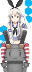 Rule 34 | &gt;:), 10s, 1girl, :d, anchor hair ornament, black eyes, blonde hair, elbow gloves, gloves, hair ornament, hair ribbon, hexagon, highres, kantai collection, long hair, looking at viewer, navel, open mouth, personification, rensouhou-chan, ribbon, salute, shimakaze (kancolle), shirt, sidelocks, sitting, sleeveless, smile, striped clothes, striped thighhighs, thighhighs, v-shaped eyebrows, vblue, white background, white gloves