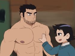 Rule 34 | 2boys, abs, bara, beard stubble, black hair, clothed male nude male, ep06, facial hair, hand on another&#039;s chest, highres, huge eyebrows, large pectorals, looking at another, lucas lee, male focus, multiple boys, muscular, muscular male, nipples, nude, official style, pectorals, scott pilgrim (series), scott pilgrim takes off, short hair, size difference, smile, stubble, sweatdrop, upper body, wallace wells, yaoi