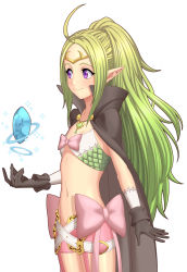 Rule 34 | 1girl, ahoge, belt, black gloves, circlet, cloak, closed mouth, commentary, cowboy shot, fire emblem, fire emblem awakening, fire emblem heroes, flat chest, floating, floating object, gem, gloves, green hair, ibushi (oath), long hair, looking to the side, midriff, navel, nintendo, nowi (fire emblem), parted bangs, pointy ears, ponytail, purple eyes, ribbon, short shorts, shorts, simple background, smile, solo, sparkle, white background