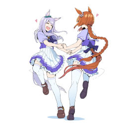 2girls ^_^ animal_ears bow bowtie braid braided_ponytail brown_footwear brown_hair closed_eyes dancing heart highres holding_hands horse_ears horse_girl horse_tail ikuno_dictus_(umamusume) low_ponytail mejiro_mcqueen_(umamusume) multiple_girls open_mouth petticoat ponytail puffy_short_sleeves puffy_sleeves purple_hair purple_shirt school_uniform shirt shoes short_sleeves simple_background sinnra_art skirt smile tail thighhighs tracen_school_uniform umamusume white_background white_skirt zettai_ryouiki