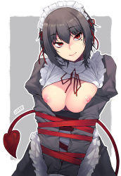 Rule 34 | 1girl, alternate eye color, apron, artist name, bdsm, black hair, bondage, bound, breasts, breasts out, breasts squeezed together, closed mouth, demon tail, dress, frilled apron, frills, hair between eyes, hair ribbon, highres, jjune, juliet sleeves, lips, long sleeves, looking at viewer, maid, maid apron, maid headdress, medium breasts, mole, mole under eye, nipples, no bra, open clothes, open dress, original, outside border, pink lips, puffy sleeves, red eyes, red ribbon, restrained, ribbon, rumi morimiya, short hair, smile, solo, standing, tail, upper body, white apron