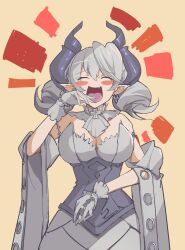 Rule 34 | 1girl, blush, bodysuit, breasts, cleavage, demon girl, demon horns, dress, duel monster, gloves, grey eyes, grey hair, highres, horns, large breasts, leotard, leotard under clothes, looking at viewer, lovely labrynth of the silver castle, mikami may, ojou-sama pose, pointy ears, smile, solo, spread cleavage, twintails, white hair, white horns, yu-gi-oh!