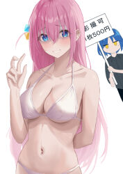 Rule 34 | 2girls, arm behind back, bikini, blue eyes, blue hair, bocchi the rock!, breasts, cube hair ornament, gotoh hitori, grin, hair ornament, hand up, haro art, holding, holding sign, large breasts, long hair, multiple girls, navel, pink hair, raised eyebrows, side ahoge, sign, simple background, smile, solo focus, stomach, swimsuit, teeth, translation request, w, white background, white bikini, yamada ryo, yellow eyes