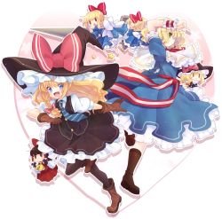 Rule 34 | 1girl, alice margatroid, ascot, blonde hair, blue eyes, blush stickers, boots, brown eyes, brown hair, capelet, character doll, doll, hakurei reimu, hat, hat ribbon, kirisame marisa, lance, long hair, necktie, open mouth, polearm, ribbon, sash, shanghai doll, solid oval eyes, solo, touhou, usamata, weapon, witch hat
