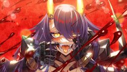 Rule 34 | 1girl, armor, armored dress, armored gloves, blood, blood spray, blush, cluseller, demon girl, eyes visible through hair, gloves, hair over one eye, horns, indie virtual youtuber, long hair, looking at viewer, mouth pull, oni, onigiri (vtuber) (3rd costume), onigiri (vtuber), open mouth, purple hair, red background, sharp teeth, slit pupils, solo, teeth, tongue, tongue out, virtual youtuber, yellow eyes