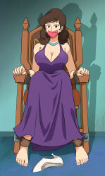 Rule 34 | absurdres, barefoot, bdsm, bondage, bound, bound ankles, bound wrists, breasts, brown eyes, brown hair, cleavage, dress, earrings, gag, gagged, highres, improvised gag, jewelry, large breasts, lost one zero, lupin iii, mine fujiko, purple dress, tape, tape gag, tied to chair