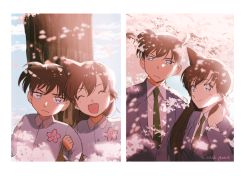 Rule 34 | 1boy, 1girl, :d, ^ ^, age comparison, aged down, ahoge, blazer, blue eyes, brown hair, cherry blossoms, child, closed eyes, collared shirt, czech gana, dappled sunlight, day, embarrassed, frown, green neckwear, tucking hair, happy, jacket, jitome, kindergarten uniform, kudou shin&#039;ichi, locked arms, long hair, looking at viewer, meitantei conan, motion blur, mouri ran, name tag, necktie, open mouth, petals, pointy hair, shirt, side-by-side, sky, smile, sunlight, tree, upper body, white shirt
