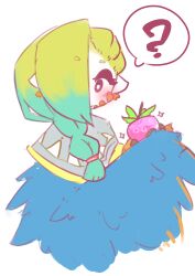Rule 34 | 1girl, ?, absurdres, animal ears, bird ears, blonde hair, blue feathers, blush, braid, bright pupils, feathers, food, fruit, gradient hair, green hair, grey poncho, hair over one eye, harpy, highres, holding, holding food, holding fruit, long hair, mako (eogks), monster girl, multicolored hair, nn (eogks), original, simple background, solo, spoken question mark, two-tone wings, white background, white pupils, winged arms, wings
