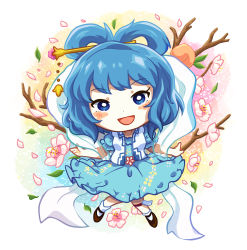 Rule 34 | 1girl, :d, blue dress, blue eyes, blue hair, chibi, dress, flower, flower request, hagoromo, hair ornament, hair rings, hair stick, highres, kaku seiga, knees together feet apart, looking at viewer, open mouth, pink flower, puffy sleeves, shawl, short hair, simple background, smile, solo, tjen/ta, touhou, vest
