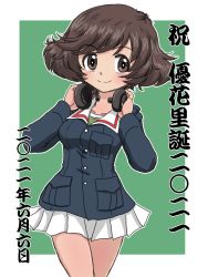 Rule 34 | 1girl, akiyama yukari, blue jacket, border, brown eyes, brown hair, character name, closed mouth, commentary, cowboy shot, dated, girls und panzer, green background, green shirt, hands on headphones, headphones, headphones around neck, jacket, long sleeves, looking at viewer, messy hair, military, military uniform, miniskirt, ooarai military uniform, outline, outside border, pleated skirt, shirt, short hair, skirt, smile, solo, standing, takahashi kurage, throat microphone, translated, uniform, white border, white outline, white skirt