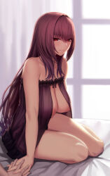 Rule 34 | 1boy, 1girl, babydoll, backlighting, bare shoulders, breasts, collarbone, curtains, fate/grand order, fate (series), hair between eyes, highres, holding hands, large areolae, large breasts, long hair, looking at viewer, lun7732, nipple slip, nipples, puffy nipples, purple hair, red eyes, scathach (fate), smile, solo focus, thighs, window