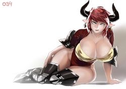 Rule 34 | 1girl, animal ears, armored boots, bra, breasts, collarbone, cow ears, cow horns, draph, earrings, eyebrows, full body, granblue fantasy, horns, huge breasts, jewelry, leopard print, leotard, looking at viewer, lying, on side, open mouth, pointy ears, red hair, shadow, short hair, short sleeves, simple background, skrats, solo, sturm (granblue fantasy), thick thighs, thighhighs, thighs, underwear, yellow eyes, yokozuwari