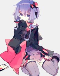 Rule 34 | 1girl, ahoge, black jacket, cellphone, commentary request, dress, earbuds, earphones, highres, jacket, looking to the side, meto (metrin), off-shoulder jacket, off shoulder, phone, pillow, purple dress, purple eyes, purple hair, purple thighhighs, short hair with long locks, simple background, sitting, sleeves past fingers, sleeves past wrists, smartphone, solo, thighhighs, voiceroid, wariza, white background, yuzuki yukari