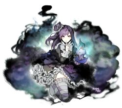 Rule 34 | 1girl, bad id, bad twitter id, black dress, blackberry cookie, blunt bangs, bow, brooch, candle, cookie run, crown, dress, finger to mouth, frills, jewelry, long hair, long sleeves, looking at viewer, mini crown, multicolored hair, no shoes, purple eyes, purple hair, relly, solo, striped clothes, striped thighhighs, thighhighs, two-tone hair
