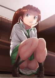 Rule 34 | 10s, 1girl, :d, bench, black socks, black ribbon, brown eyes, brown footwear, brown hair, censored, couch, full body, girls und panzer, green skirt, hair ribbon, hamushima, hand on own cheek, hand on own face, indoors, kadotani anzu, kneehighs, loafers, long hair, long sleeves, looking at viewer, neckerchief, no panties, ooarai school uniform, open mouth, partially visible vulva, pleated skirt, pussy, ribbon, sailor collar, school uniform, serafuku, shaded face, shirt, shoes, skirt, smile, socks, solo, squatting, table, teeth, thighs, twintails, uncensored, upskirt, white shirt