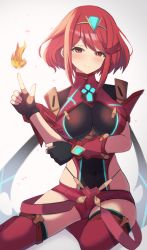 Rule 34 | 1girl, black gloves, breasts, chest jewel, earrings, fingerless gloves, gloves, highres, jewelry, large breasts, pyra (xenoblade), red eyes, red hair, red shorts, red thighhighs, sanukiske, short hair, short shorts, shorts, swept bangs, thighhighs, tiara, xenoblade chronicles (series), xenoblade chronicles 2