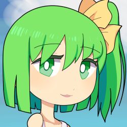 Rule 34 | 1girl, :3, blue background, blush, bow, bright pupils, commentary, daiyousei, green eyes, green hair, hair between eyes, hair bow, high side ponytail, hospital king, long bangs, looking at viewer, open mouth, portrait, short hair, side ponytail, smile, solo, tank top, touhou, white pupils, white tank top, yellow bow