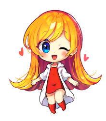 Rule 34 | 1girl, absurdres, blue eyes, blush, chibi, coat, dress, heart, highres, long hair, mona (warioware), nintendo, offbeat, one eye closed, open clothes, open coat, open mouth, orange hair, red dress, red footwear, simple background, smile, warioware, white background, white coat