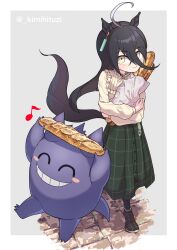 1girl 1other absurdres animal_ears baguette black_hair bread creatures_(company) ear_tag food frilled_shirt_collar frills full_body game_freak gen_1_pokemon gengar green_skirt grey_background hair_between_eyes highres horse_ears horse_girl horse_tail kimihitsuji long_hair long_hair_between_eyes looking_at_viewer manhattan_cafe_(umamusume) multicolored_hair musical_note nintendo pokemon pokemon_(creature) shirt skirt smile standing streaked_hair tail twitter_username umamusume white_hair white_shirt yellow_eyes