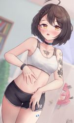 Rule 34 | 0 0, 2girls, ahoge, arm tattoo, armpits, azur lane, baltimore (azur lane), baltimore (black ace) (azur lane), bandaid, bandaid on leg, bare shoulders, black choker, black shorts, blush, bookshelf, braid, breasts, bremerton (azur lane), brown hair, chest tattoo, choker, cleavage, collarbone, commentary, cowboy shot, d.birb, dolphin shorts, door, flower tattoo, french braid, grey hair, groin, hair between eyes, hand on own stomach, highres, indoors, long hair, looking at viewer, medium breasts, midriff, multicolored hair, multiple girls, navel, nose blush, open mouth, peeking out, pink hair, plant, potted plant, short hair, short shorts, shorts, shoulder tattoo, sidelocks, signature, solo focus, sports bra, spread navel, standing, stomach tattoo, streaked hair, tattoo, teeth, twintails, twitter username, two-tone hair, upper teeth only, white sports bra, wristband, yellow eyes