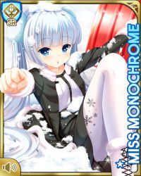 Rule 34 | 1girl, :o, black footwear, black jacket, black skirt, blue eyes, blunt bangs, card, character name, day, girlfriend (kari), jacket, miss monochrome, miss monochrome (character), official art, open mouth, outdoors, qp:flapper, shirt, sitting, skirt, solo, tagme, twintails, white hair, white legwear, white shirt