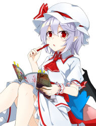 Rule 34 | 1girl, :o, akisome hatsuka, arm ribbon, ascot, bat wings, black wings, blush, book, bookmark, collared shirt, commentary request, cushion, feet out of frame, frilled skirt, frilled sleeves, frills, grey hair, hair between eyes, hat, hat ribbon, holding, holding book, knees up, looking at viewer, market, medium skirt, open book, open mouth, pointy ears, red ascot, red eyes, red ribbon, remilia scarlet, ribbon, shirt, short hair, short sleeves, simple background, skirt, solo, touhou, white background, white hat, white shirt, white skirt, wings, wrist cuffs