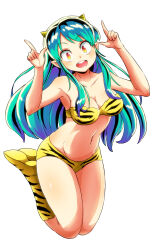 Rule 34 | 1girl, :d, animal print, aono3, aqua hair, bikini, breasts, cleavage, commentary request, cone horns, full body, highres, horns, long hair, looking at viewer, lum, medium breasts, navel, oni, open mouth, pointy ears, smile, solo, strapless, swimsuit, teeth, tiger print, upper teeth only, urusei yatsura, white background