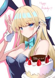 Rule 34 | 1girl, absurdres, animal ears, aqua bow, aqua bowtie, bare shoulders, blonde hair, blue archive, blue bow, blue eyes, blue hair, blue leotard, blush, bow, bowtie, breasts, cake, cleavage, detached collar, fake animal ears, food, fruit, hair bow, hand up, happy birthday, highres, leotard, long hair, looking at viewer, medium breasts, multicolored hair, official alternate costume, playboy bunny, rabbit ears, shibakame, simple background, strawberry, toki (blue archive), toki (bunny) (blue archive), two-tone hair, upper body, white background