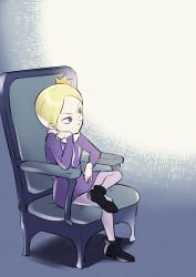 Rule 34 | 1boy, black footwear, blonde hair, chair, closed mouth, commentary request, crossed legs, crown, daida, grey background, grey eyes, grey pantyhose, head rest, looking to the side, male focus, mini crown, nikomi (nikomix), ousama ranking, pantyhose, purple tunic, shoes, short hair, sitting, solo