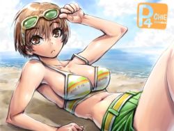 Rule 34 | 1girl, 2016, alternate breast size, amania orz, artist name, beach, bikini, bikini top only, blush, breasts, brown eyes, brown hair, character name, cleavage, closed mouth, cloud, collarbone, dated, day, eyewear on head, glasses, large breasts, looking at viewer, lying, navel, ocean, on back, outdoors, persona, persona 4, sand, satonaka chie, shore, short hair, shorts, sky, solo, sunglasses, swimsuit, water, yellow-framed eyewear, yellow theme