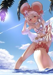 Rule 34 | 1girl, :d, animal ears, beach, bikini, blue sky, bow, cloud, day, fake animal ears, granblue fantasy, highres, looking at viewer, mouse ears, ocean, open mouth, outdoors, outstretched arm, outstretched hand, palm tree, piiko (aa doushiyou), reaching, reaching towards viewer, red eyes, short hair, skirt, sky, smile, solo, striped bikini, striped clothes, swimsuit, thigh strap, tree, vikala (blooming summer wallflower) (granblue fantasy), vikala (granblue fantasy), water, white hair