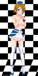 10s 1girl blush boots breasts brown_hair checkered_background checkered_floor collarbone earrings female_focus hat highres jewelry koizumi_hanayo love_live! love_live!_school_idol_project maruze_circus medium_breasts miniskirt navel nipples no_bra purple_eyes race_queen skirt smile solo standing thigh_boots thighhighs