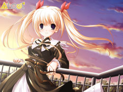 Rule 34 | 1girl, against railing, belt, black dress, black ribbon, blonde hair, blue eyes, blush, cityscape, closed mouth, cloud, clover (series), clover heart&#039;s, company name, dress, evening, fence, floating hair, frilled sleeves, frills, game cg, hair ribbon, against railing, light smile, logo, long hair, long sleeves, mikoshiba rea, multicolored sky, nimura yuuji, official art, railing, red ribbon, ribbon, saiga (company), sidelocks, sky, smile, solo, sunset, twilight, twintails, very long hair, wind