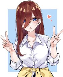 Rule 34 | 1girl, :o, bags under eyes, blue eyes, blush, breasts, brown hair, cardigan, cardigan around waist, clothes around waist, collarbone, double v, go-toubun no hanayome, hair between eyes, hair over one eye, heart, highres, large breasts, looking at viewer, mame1645, nakano miku, open collar, school uniform, shirt, simple background, sleeves rolled up, solo, two-tone background, v, white shirt, yellow cardigan