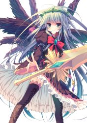 Rule 34 | 1girl, black wings, blush, boots, feathered wings, green eyes, green hair, long hair, long sleeves, looking at viewer, matching hair/eyes, original, reia, shirt, skirt, smile, solo, sword, textless version, thigh boots, thighhighs, v-shaped eyebrows, weapon, wings