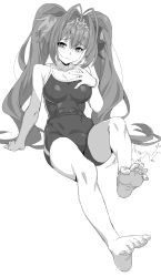 Rule 34 | 1girl, absurdres, bare shoulders, barefoot, blush, breasts, cyjalway, daiwa scarlet (umamusume), greyscale, highres, horse girl, large breasts, long hair, monochrome, one-piece swimsuit, school swimsuit, simple background, sketch, solo, swimsuit, tears, tiara, twintails, umamusume, very long hair, white background