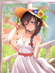 Rule 34 | 10s, 1girl, alternate costume, balcony, blue eyes, braid, breasts, brown hair, casual, cleavage, collarbone, dress, flower, hair ornament, hand in own hair, hat, highres, kantai collection, long hair, looking at viewer, maosame, medium breasts, outdoors, shigure (kancolle), shigure kai ni (kancolle), smile, solo, straw hat, sundress, sunflower, white dress