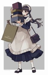 Rule 34 | 1girl, artist name, bag, blue dress, blunt bangs, box, brown eyes, brown hair, carrying, closed mouth, commentary request, dress, english text, eyebrows hidden by hair, frills, gift, gift box, hair ornament, handbag, highres, holding, holding box, kashiwagi chisame, long hair, long sleeves, maid, maid headdress, mary janes, original, pantyhose, pinafore dress, ponytail, shoes, sleeveless dress, socks, solo, two-tone background, white socks