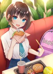 Rule 34 | 1girl, backpack, bag, blue eyes, blue necktie, blue skirt, brown hair, burger, cup, disposable cup, eating, food, french fries, hair ornament, indoors, itoi toi, necktie, open mouth, original, school uniform, shirt, short hair, sitting, skirt, smile, solo, table, tray, white shirt