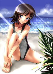 Rule 34 | 1girl, bare shoulders, barefoot, beach, black hair, blue eyes, blush, competition swimsuit, day, feet, hands on feet, hugging own legs, katahira masashi, one-piece swimsuit, original, short hair, smile, solo, swimsuit