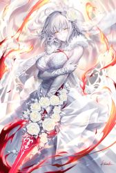Rule 34 | 1girl, artist name, bare shoulders, blush, breasts, bridal veil, bride, chain, cleavage, closed mouth, dress, elbow gloves, fate/grand order, fate (series), fire, flower, fur collar, gloves, hair ornament, jeanne d&#039;arc (fate), jeanne d&#039;arc alter (avenger) (fate), jeanne d&#039;arc alter (fate), kousaki rui, large breasts, looking at viewer, pale skin, rose, signature, silver hair, solo, sword, veil, weapon, wedding dress, white dress, white flower, white gloves, white rose, yellow eyes