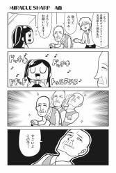 Rule 34 | 1girl, 2boys, 4koma, amane (honey come chatka!!), bald, bkub, cane, comic, emphasis lines, fang, flying sweatdrops, greyscale, komikado sachi, monochrome, multiple boys, musical note, necktie, old, old man, one side up, original, quaver, simple background, sparkle, sweater vest, tayo, translation request