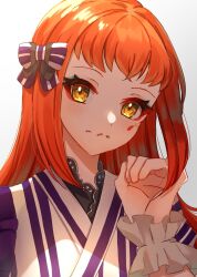 Rule 34 | 1girl, alternate costume, bow, edamameoka, fire emblem, fire emblem engage, highres, japanese clothes, looking at viewer, nintendo, orange hair, panette (fire emblem), short bangs, solo, striped, striped bow, upper body, yellow eyes