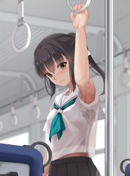 Rule 34 | 1girl, aqua neckerchief, arm up, armpit peek, armpits, black hair, black skirt, blouse, blush, breast pocket, brown eyes, bus interior, closed mouth, eto, hand grip, highres, holding, long hair, looking at viewer, md5 mismatch, navel, neckerchief, original, pleated skirt, pocket, ponytail, resolution mismatch, revision, ribbon, school uniform, see-through silhouette, serafuku, shirt, short sleeves, skirt, solo, source smaller, stain, stained clothes, sweat, sweat stain, train interior, tsurime, upper body, wet, wet clothes, wet shirt, white shirt, zipper