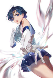Rule 34 | 1girl, bare shoulders, bishoujo senshi sailor moon, blue bow, blue bowtie, blue eyes, blue hair, blue sailor collar, blue skirt, bow, bowtie, breasts, cowboy shot, elbow gloves, gloves, highres, mayo (becky2006), medium breasts, mizuno ami, open mouth, outstretched hand, parted bangs, pleated skirt, sailor collar, sailor mercury, sailor senshi uniform, shirt, short hair, signature, skirt, sleeveless, sleeveless shirt, solo, teeth, tiara, upper teeth only, white background, white gloves, white shirt