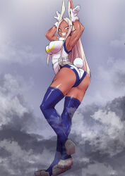 Rule 34 | 1girl, :d, animal ears, armpits, arms up, ass, bare shoulders, blue thighhighs, boku no hero academia, breasts, clothing cutout, covered abs, covered navel, crescent print, dark-skinned female, dark skin, fog, from behind, full body, fur collar, gloves, hands up, highleg, highleg leotard, highres, kneepits, large breasts, legs, leotard, long eyelashes, long hair, long legs, looking at viewer, mirko, open mouth, parted bangs, rabbit ears, rabbit girl, rabbit pose, rabbit tail, red eyes, sleeveless turtleneck leotard, smile, solo, tail, tail through clothes, taut leotard, teeth, thighhighs, thighs, toned, twisted torso, uichi-chi, very long hair, white gloves, white hair, white leotard