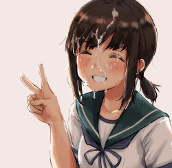 Rule 34 | 1girl, backlighting, bad id, bad twitter id, blush, brown hair, closed eyes, collarbone, commentary request, cum, cum on hair, emonyu, facial, fubuki (kancolle), grin, hand up, highres, kantai collection, ponytail, sailor collar, school uniform, serafuku, short sleeves, sidelocks, simple background, smile, solo, upper body, v, white background